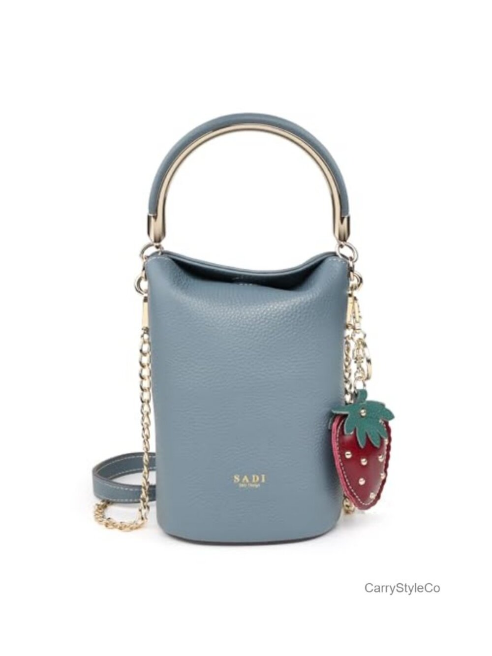 Genuine Leather Mini Bucket Bag Crossbody with Strawberry Charm